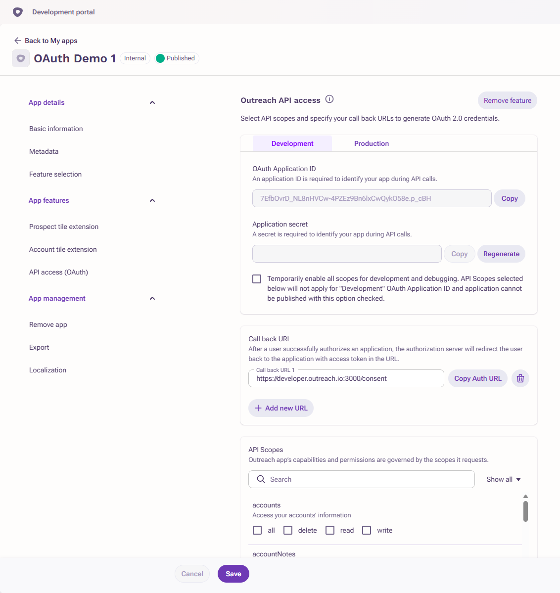 Outreach API enabled for an app n/a